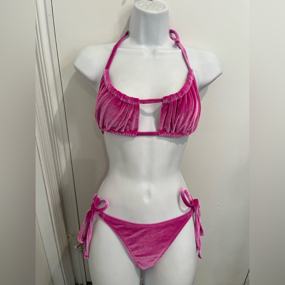 Love & Sports Pink Velour String Bikini Set Sz. XS/S - Picture 2 of 6
